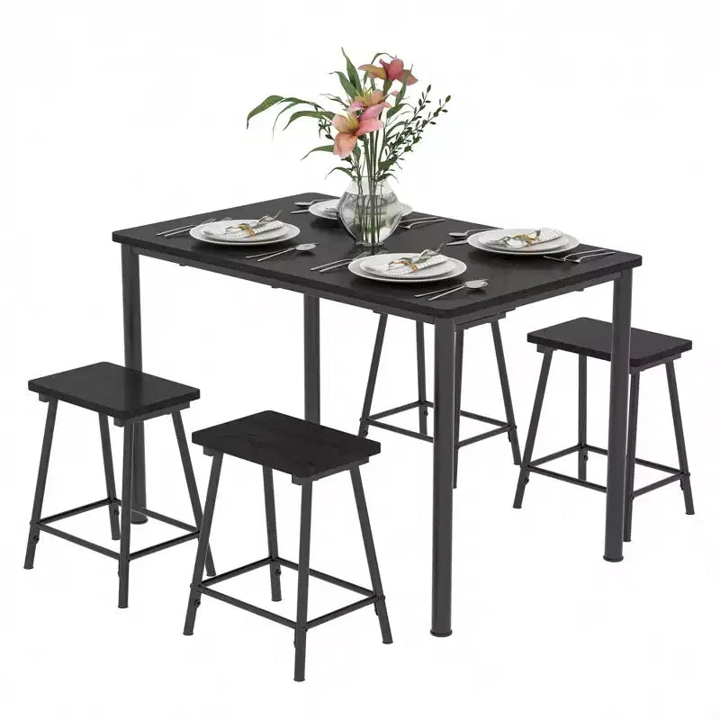 VECELO 5 Piece Dining Table &amp; Chairs Set for 4, Kitchen Furniture MDF Board and Rectangular Metal Frame, Space-Saving, Black/Brown/Oak