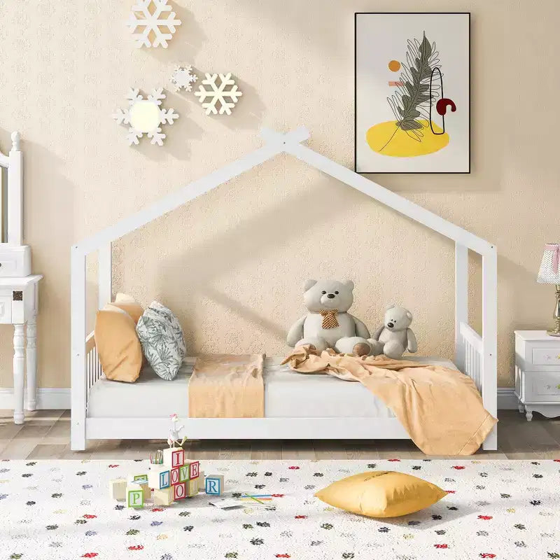 Twin/Full Size Platform Bed, House-Shaped Wooden Play Bed Frame with Headboard, Footboard, and Roof Design