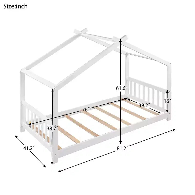 Twin/Full Size Platform Bed, House-Shaped Wooden Play Bed Frame with Headboard, Footboard, and Roof Design