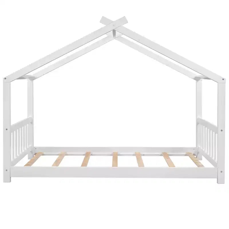 Twin/Full Size Platform Bed, House-Shaped Wooden Play Bed Frame with Headboard, Footboard, and Roof Design
