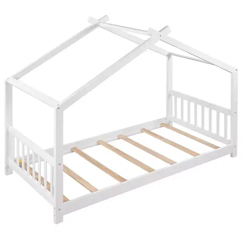 Twin/Full Size Platform Bed, House-Shaped Wooden Play Bed Frame with Headboard, Footboard, and Roof Design