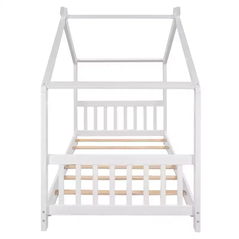 Twin/Full Size Platform Bed, House-Shaped Wooden Play Bed Frame with Headboard, Footboard, and Roof Design