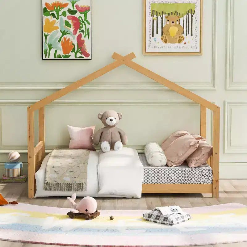 Twin/Full Size Platform Bed, House-Shaped Wooden Play Bed Frame with Headboard, Footboard, and Roof Design