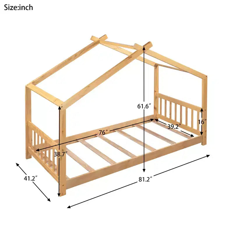 Twin/Full Size Platform Bed, House-Shaped Wooden Play Bed Frame with Headboard, Footboard, and Roof Design