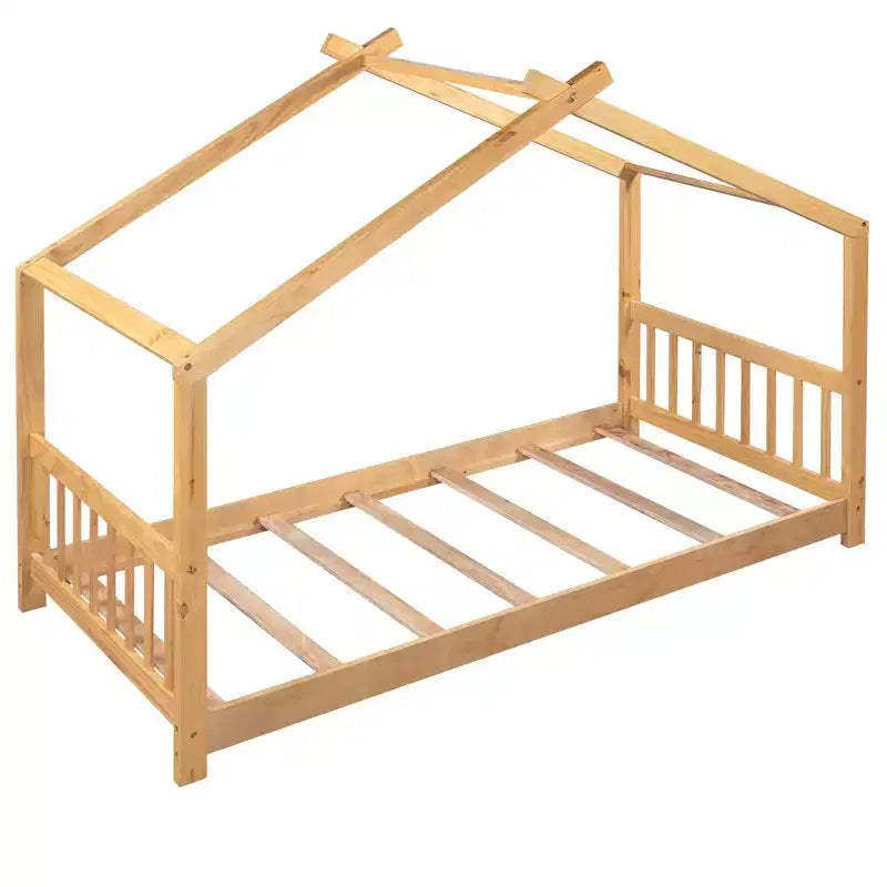 Twin/Full Size Platform Bed, House-Shaped Wooden Play Bed Frame with Headboard, Footboard, and Roof Design
