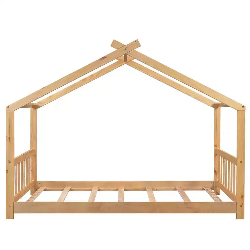 Twin/Full Size Platform Bed, House-Shaped Wooden Play Bed Frame with Headboard, Footboard, and Roof Design