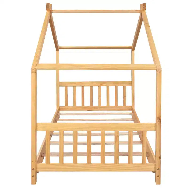 Twin/Full Size Platform Bed, House-Shaped Wooden Play Bed Frame with Headboard, Footboard, and Roof Design