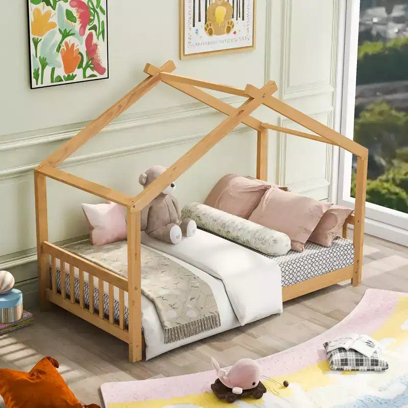 Twin/Full Size Platform Bed, House-Shaped Wooden Play Bed Frame with Headboard, Footboard, and Roof Design -ModernLuxe