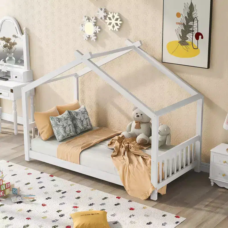 Twin/Full Size Platform Bed, House-Shaped Wooden Play Bed Frame with Headboard, Footboard, and Roof Design