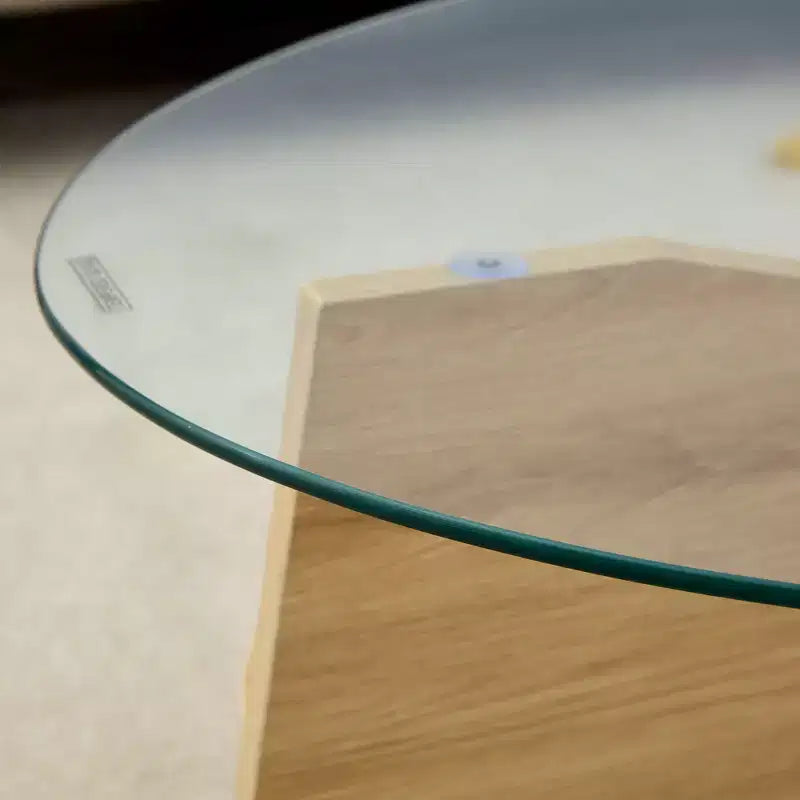 Glass Coffee Table Round Cocktail Table Oval Center Table Accent Table Sofa Table with Diagonal Fan-shaped Tray Leg, Walnut/Natural