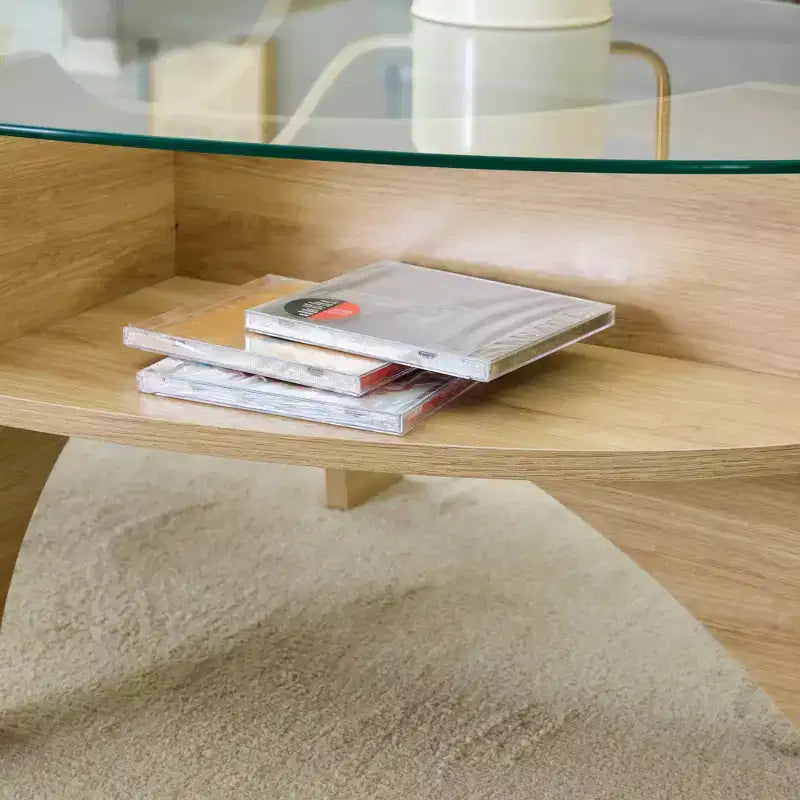 Glass Coffee Table Round Cocktail Table Oval Center Table Accent Table Sofa Table with Diagonal Fan-shaped Tray Leg, Walnut/Natural