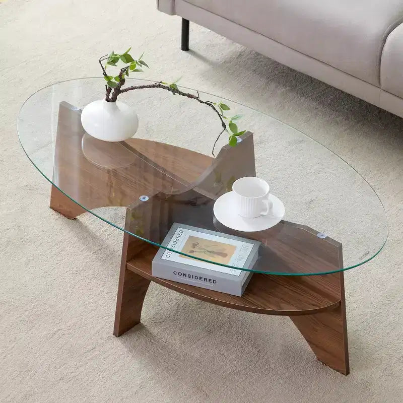 Glass Coffee Table Round Cocktail Table Oval Center Table Accent Table Sofa Table with Diagonal Fan-shaped Tray Leg, Walnut/Natural