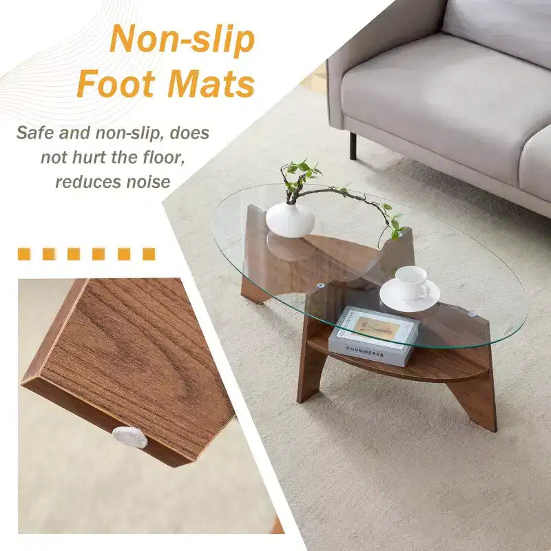 Glass Coffee Table Round Cocktail Table Oval Center Table Accent Table Sofa Table with Diagonal Fan-shaped Tray Leg, Walnut/Natural
