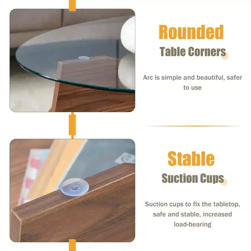 Glass Coffee Table Round Cocktail Table Oval Center Table Accent Table Sofa Table with Diagonal Fan-shaped Tray Leg, Walnut/Natural