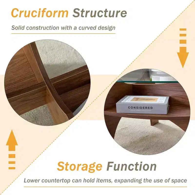 Glass Coffee Table Round Cocktail Table Oval Center Table Accent Table Sofa Table with Diagonal Fan-shaped Tray Leg, Walnut/Natural