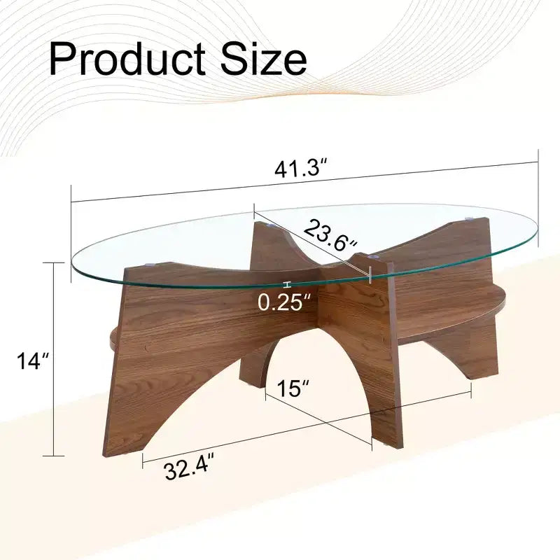 Glass Coffee Table Round Cocktail Table Oval Center Table Accent Table Sofa Table with Diagonal Fan-shaped Tray Leg, Walnut/Natural