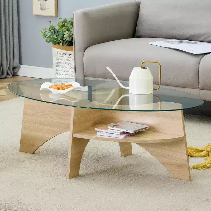 Glass Coffee Table Round Cocktail Table Oval Center Table Accent Table Sofa Table with Diagonal Fan-shaped Tray Leg, Walnut/Natural