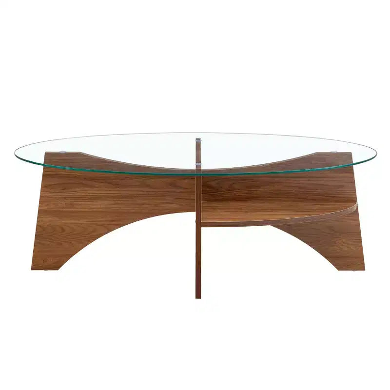 Glass Coffee Table Round Cocktail Table Oval Center Table Accent Table Sofa Table with Diagonal Fan-shaped Tray Leg, Walnut/Natural