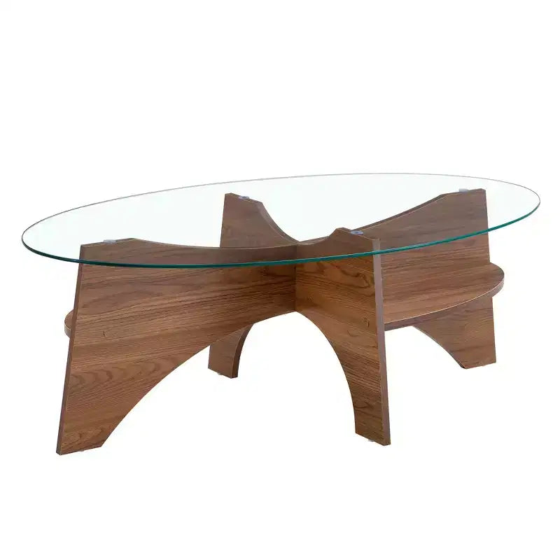 Glass Coffee Table Round Cocktail Table Oval Center Table Accent Table Sofa Table with Diagonal Fan-shaped Tray Leg, Walnut/Natural