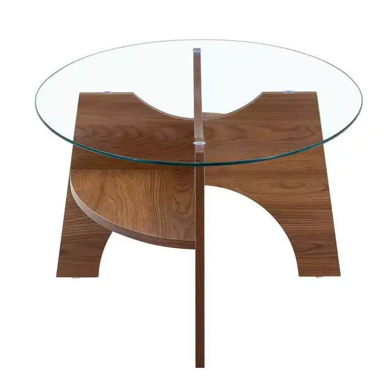 Glass Coffee Table Round Cocktail Table Oval Center Table Accent Table Sofa Table with Diagonal Fan-shaped Tray Leg, Walnut/Natural