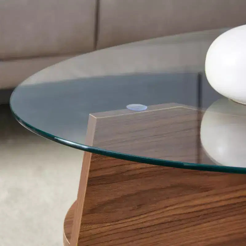 Glass Coffee Table Round Cocktail Table Oval Center Table Accent Table Sofa Table with Diagonal Fan-shaped Tray Leg, Walnut/Natural