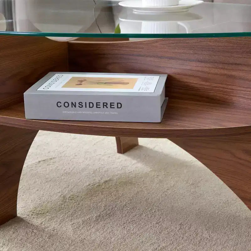 Glass Coffee Table Round Cocktail Table Oval Center Table Accent Table Sofa Table with Diagonal Fan-shaped Tray Leg, Walnut/Natural