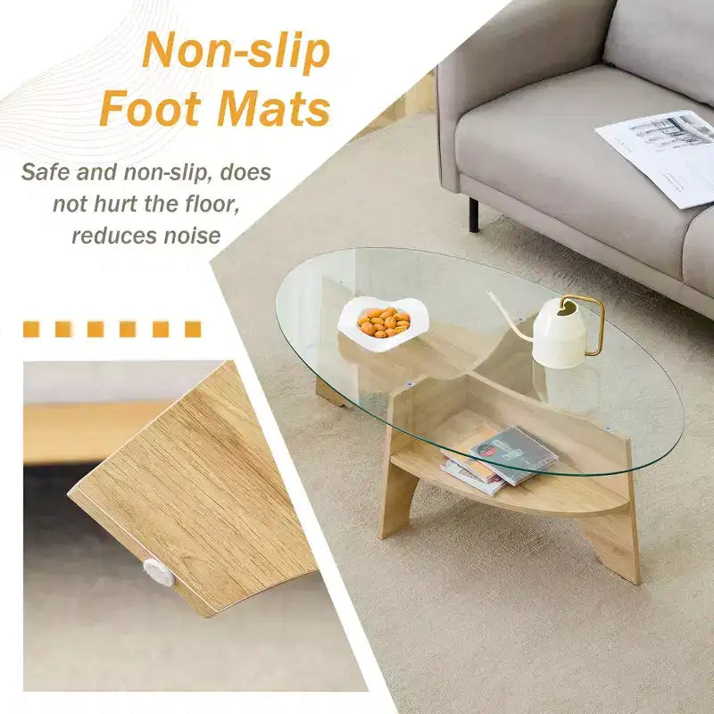 Glass Coffee Table Round Cocktail Table Oval Center Table Accent Table Sofa Table with Diagonal Fan-shaped Tray Leg, Walnut/Natural