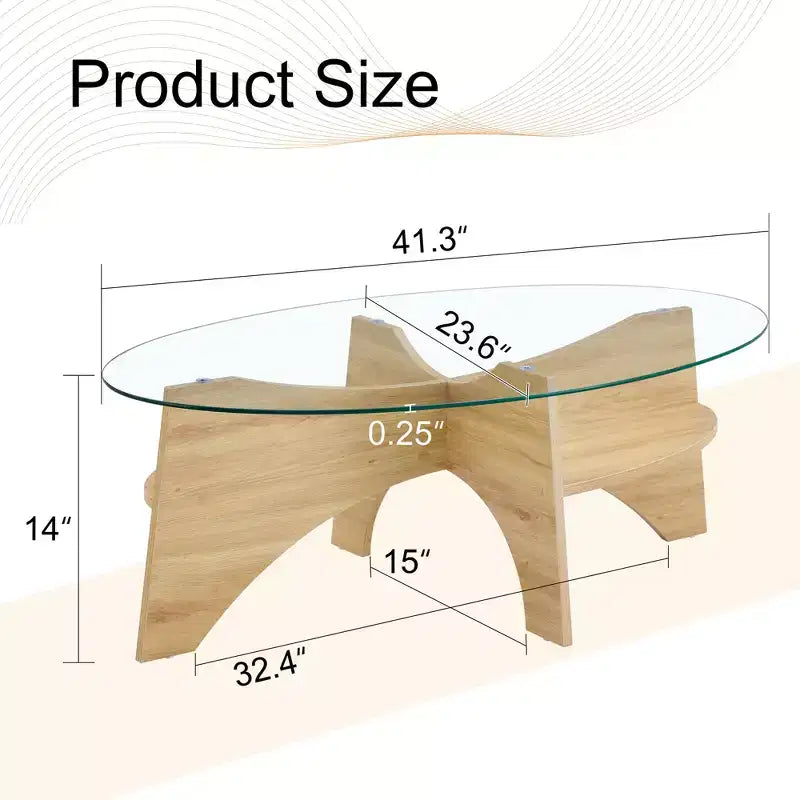 Glass Coffee Table Round Cocktail Table Oval Center Table Accent Table Sofa Table with Diagonal Fan-shaped Tray Leg, Walnut/Natural