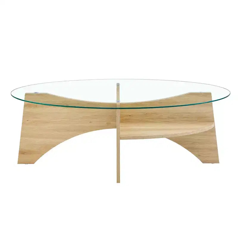 Glass Coffee Table Round Cocktail Table Oval Center Table Accent Table Sofa Table with Diagonal Fan-shaped Tray Leg, Walnut/Natural