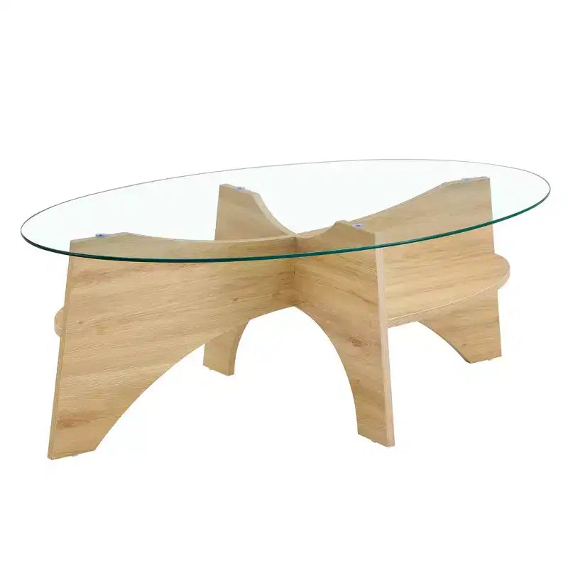Glass Coffee Table Round Cocktail Table Oval Center Table Accent Table Sofa Table with Diagonal Fan-shaped Tray Leg, Walnut/Natural