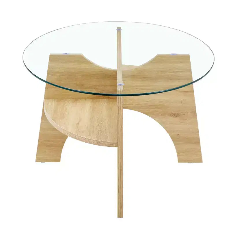 Glass Coffee Table Round Cocktail Table Oval Center Table Accent Table Sofa Table with Diagonal Fan-shaped Tray Leg, Walnut/Natural