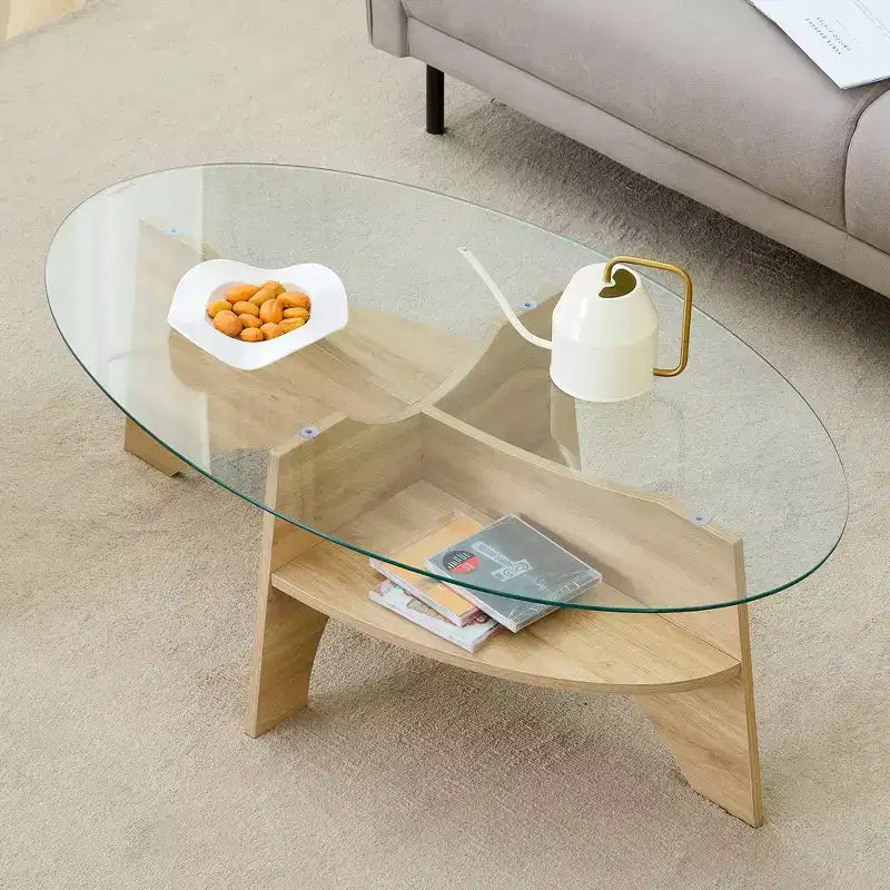 Glass Coffee Table Round Cocktail Table Oval Center Table Accent Table Sofa Table with Diagonal Fan-shaped Tray Leg, Walnut/Natural-ModernLuxe