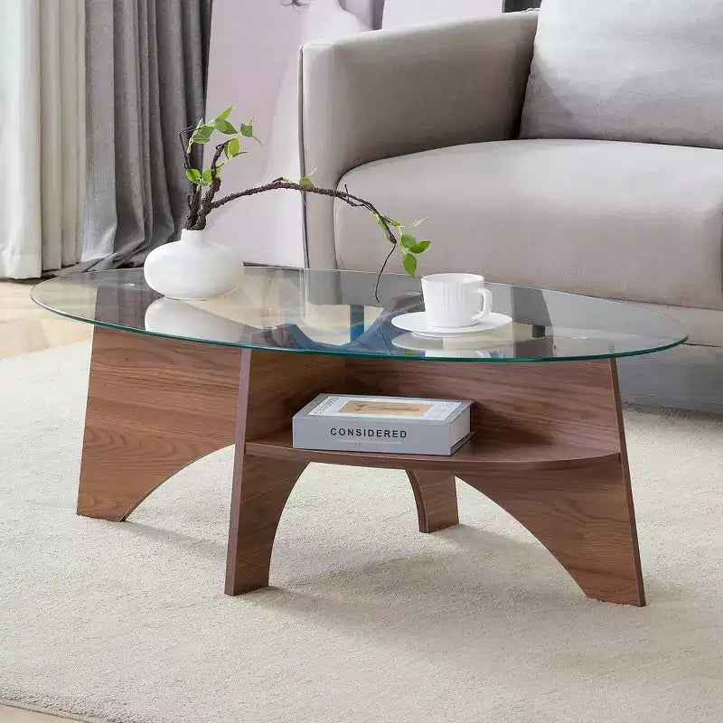 Glass Coffee Table Round Cocktail Table Oval Center Table Accent Table Sofa Table with Diagonal Fan-shaped Tray Leg, Walnut/Natural