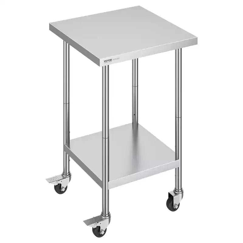 VEVOR Stainless Steel Work Table 24 x 24 x 38 Inch,700 LBS Load Capacity with 4 Wheels,3 Adjustable Height Levels,HeavyDuty Food Prep Worktable