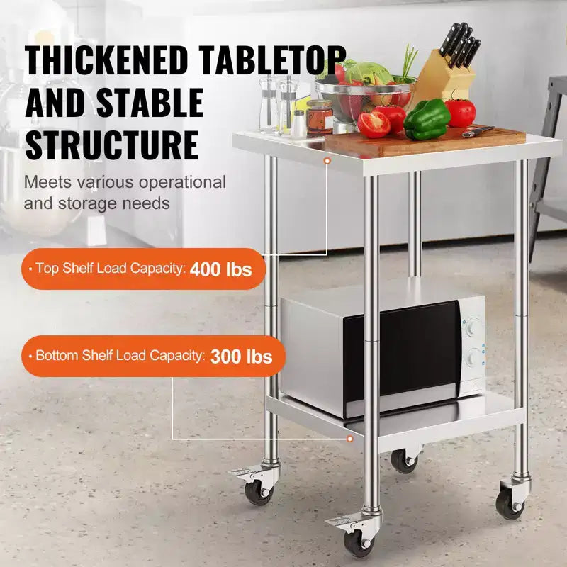 Stainless Steel Work Table 24 x 24 x 38 Inch,700 LBS Load Capacity with 4 Wheels,3 Adjustable Height Levels,HeavyDuty Food Prep Worktable