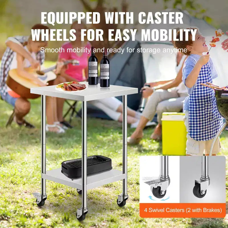 Stainless Steel Work Table 24 x 24 x 38 Inch,700 LBS Load Capacity with 4 Wheels,3 Adjustable Height Levels,HeavyDuty Food Prep Worktable