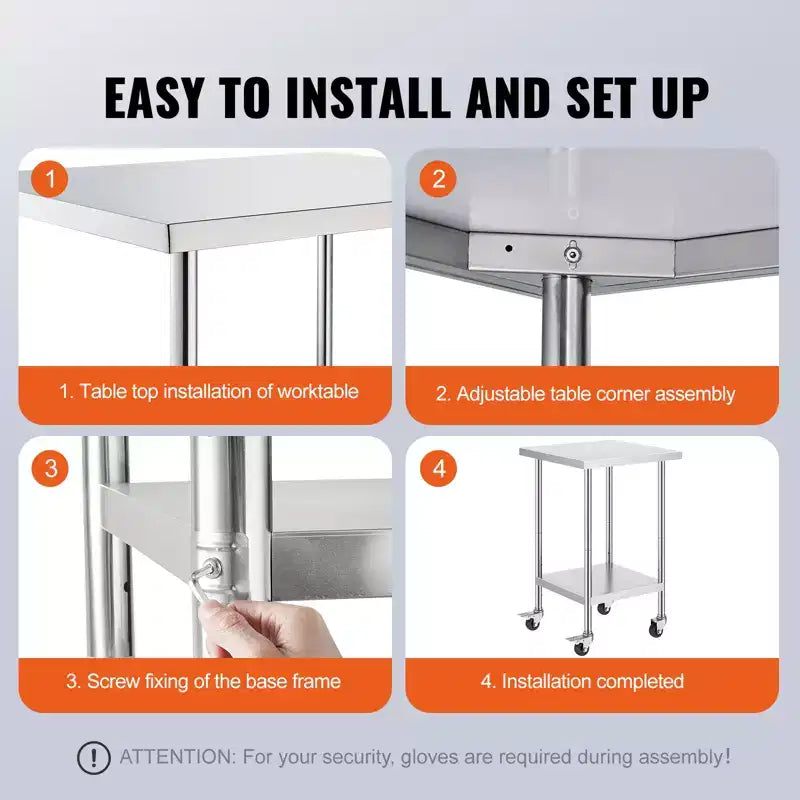 Stainless Steel Work Table 24 x 24 x 38 Inch,700 LBS Load Capacity with 4 Wheels,3 Adjustable Height Levels,HeavyDuty Food Prep Worktable