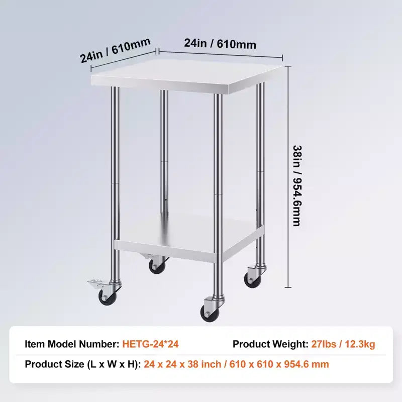 Stainless Steel Work Table 24 x 24 x 38 Inch,700 LBS Load Capacity with 4 Wheels,3 Adjustable Height Levels,HeavyDuty Food Prep Worktable