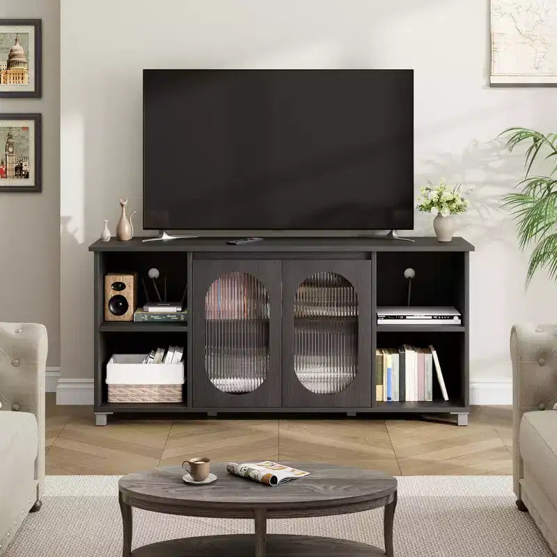 Modern TV Stand for 65 Inch, Black Entertainment Center with Storage Shelves &amp; Glass Doors  Wooden Media Console Cabinet for Living Room