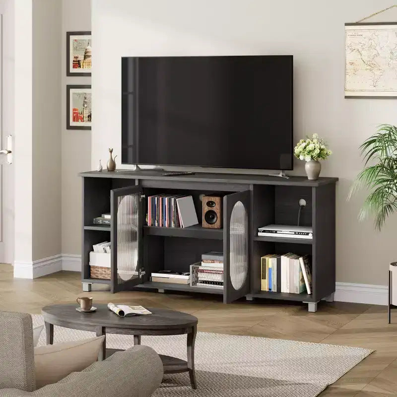 Modern TV Stand for 65 Inch, Black Entertainment Center with Storage Shelves &amp; Glass Doors  Wooden Media Console Cabinet for Living Room