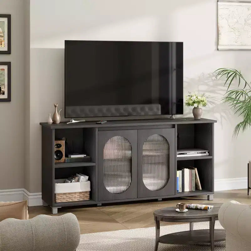 Modern TV Stand for 65 Inch, Black Entertainment Center with Storage Shelves &amp; Glass Doors  Wooden Media Console Cabinet for Living Room