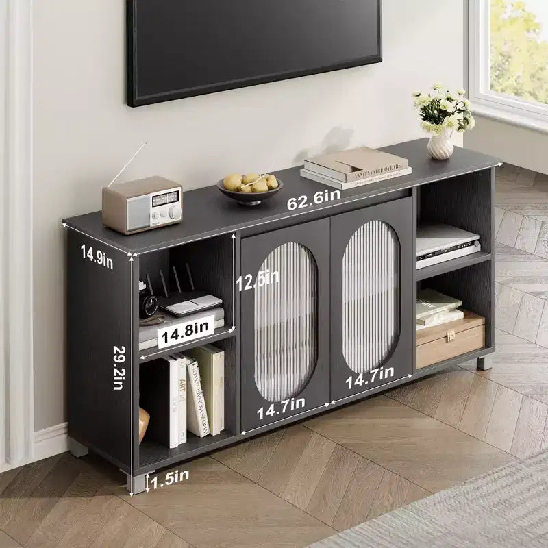 Modern TV Stand for 65 Inch, Black Entertainment Center with Storage Shelves &amp; Glass Doors  Wooden Media Console Cabinet for Living Room