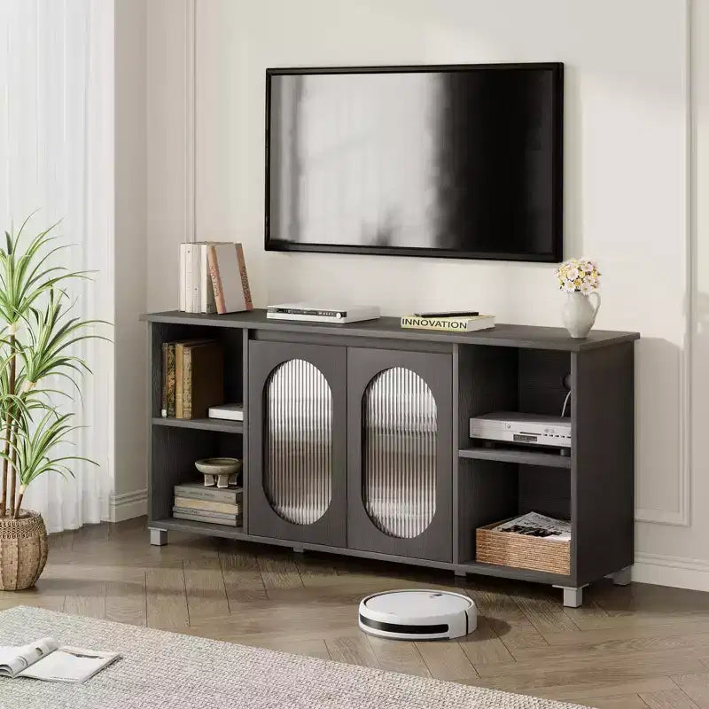 Modern TV Stand for 65 Inch, Black Entertainment Center with Storage Shelves &amp; Glass Doors  Wooden Media Console Cabinet for Living Room