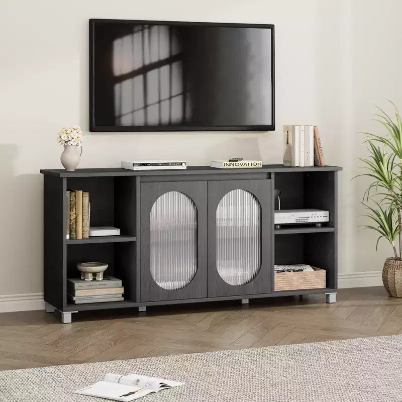 Modern TV Stand for 65 Inch, Black Entertainment Center with Storage Shelves &amp; Glass Doors  Wooden Media Console Cabinet for Living Room