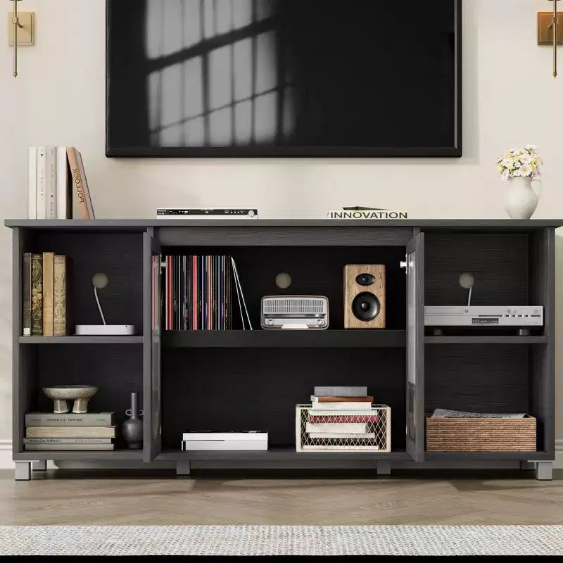 Modern TV Stand for 65 Inch, Black Entertainment Center with Storage Shelves &amp; Glass Doors  Wooden Media Console Cabinet for Living Room