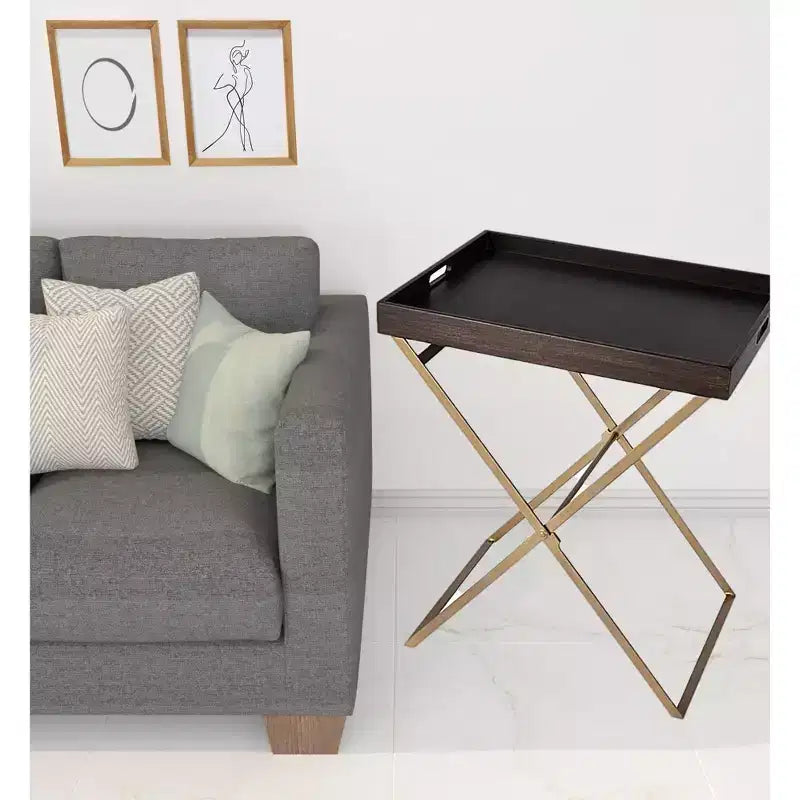 Gold And Walnut Solid Wood Rectangular End Table