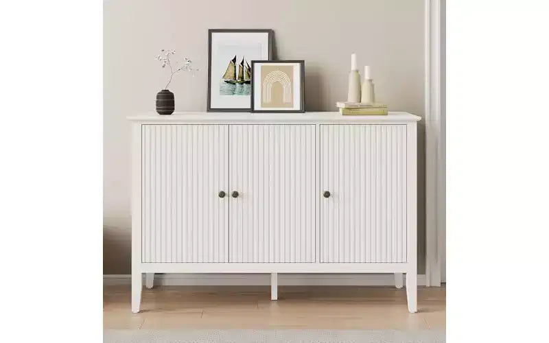 Heynemo Fluted 3-Door Cabinet, Modern White Buffet Cabinet with Adjustable Shelves &amp; Metal Knobs, Sideboard Coffee Bar Cabinet, Storage Cabinet,White