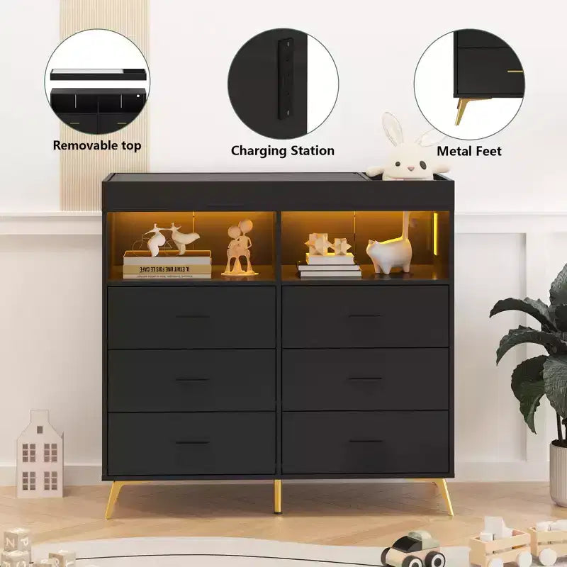 Dresser for Bedroom with 6 Drawers, Baby Changing Table Dresser with Changing Pad