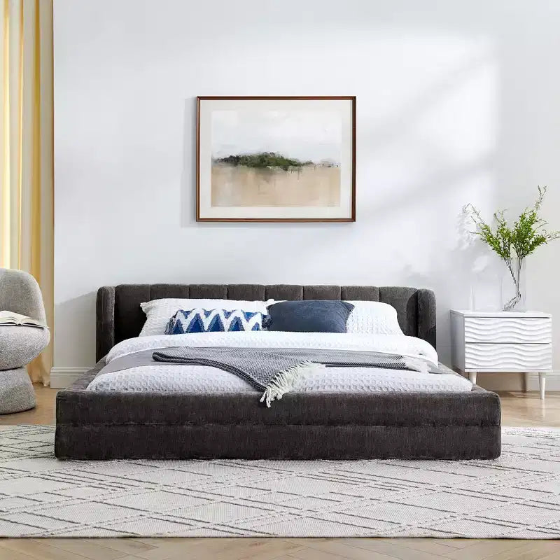 Upholstered Floor Bed with Thick Headboard