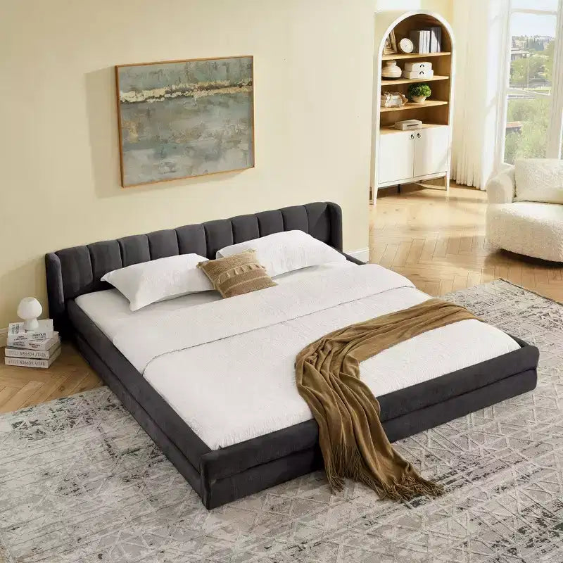 Upholstered Floor Bed with Thick Headboard